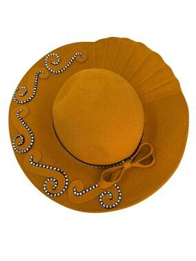 Mustard Wool Felt Wide Brim Hat Rhinestone Trim Bow Bollman 1980s